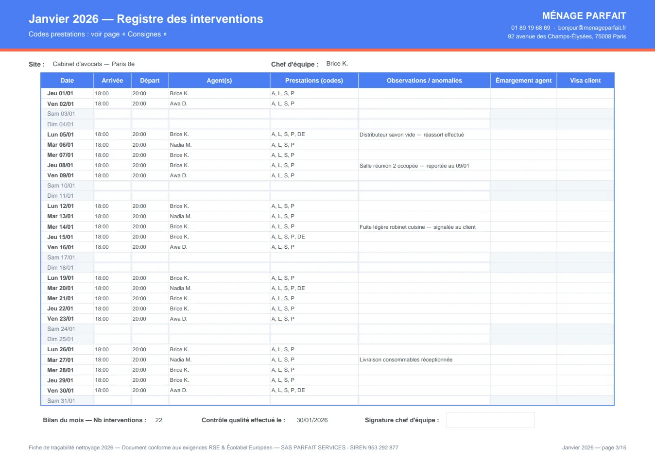 Exemple de fiche de traçabilité nettoyage remplie — janvier 2026, bureaux Paris 8e, avec horaires, agents, codes prestations et observations