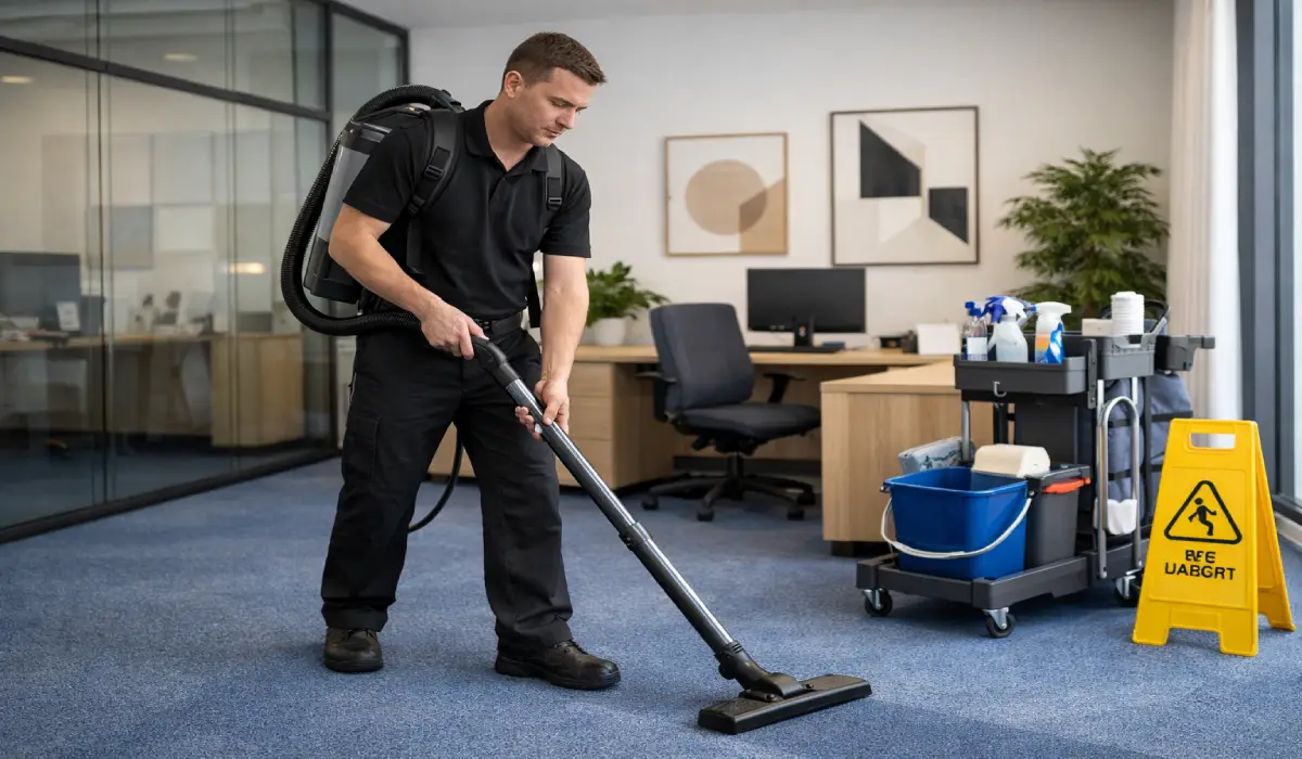 Agent de nettoyage professionnel entretenant des bureaux d'entreprise à Paris — intervention hebdomadaire Ménage Parfait